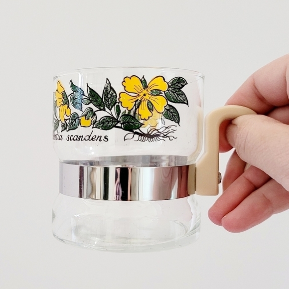 Vintage Coffee Cup Glasses w/ Plastic Handle Yellow flowers Set of 2 Floral Mugs - Picture 2 of 7